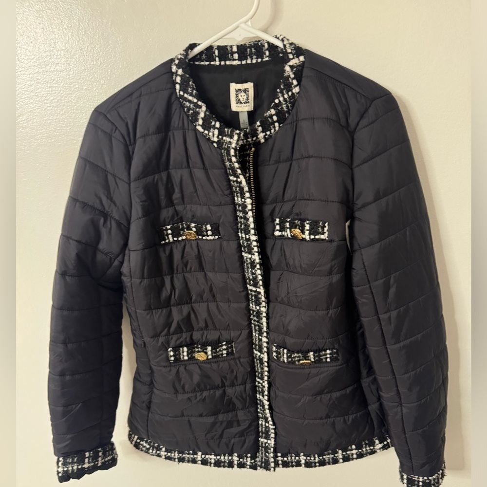 Anne Klein Womens Tweed Trim Outerwear Quilted Coat - Picture 2 of 9